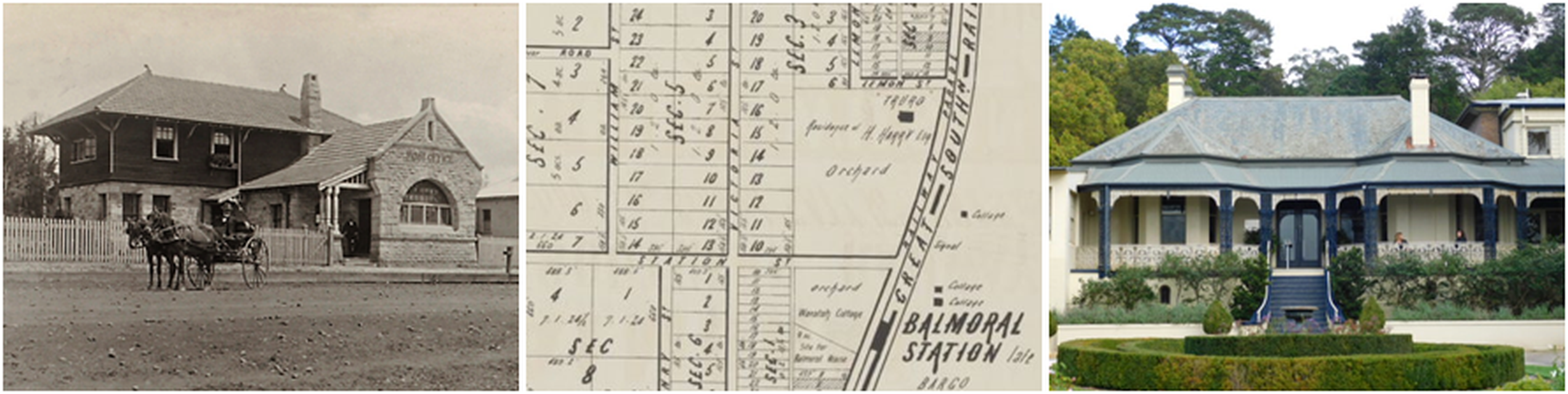 A picture showing a historical photo of Robertson Post Office, an extract from an old plan of Balmoral Village, and Craigieburn Bowral